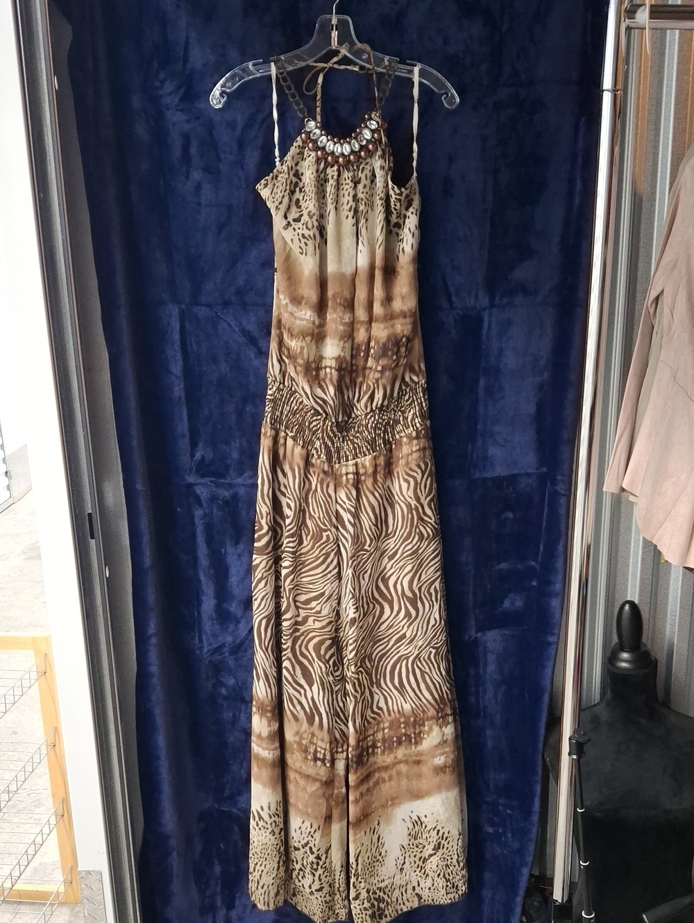 Va Va Voom Brown Animal-Print Halter Maxi Dress with Beaded Neckline